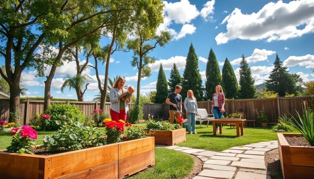 A serene backyard setting showcasing budget-friendly outdoor renovation tips, featuring a well-maintained garden with colorful flowers, a simple yet elegant stone pathway, and wooden planter boxes filled with herbs and vegetables. In the foreground, a cheerful family of four, dressed in casual attire, is engaged in landscaping activities, such as planting and watering. The middle ground displays DIY garden furniture made from repurposed materials, like a wooden bench and a small table. In the background, there are tall, lush trees and a bright blue sky scattered with fluffy white clouds, creating a vibrant and inviting atmosphere. The scene is lit with warm, natural sunlight, capturing the joy of outdoor improvement without any text or distractions.