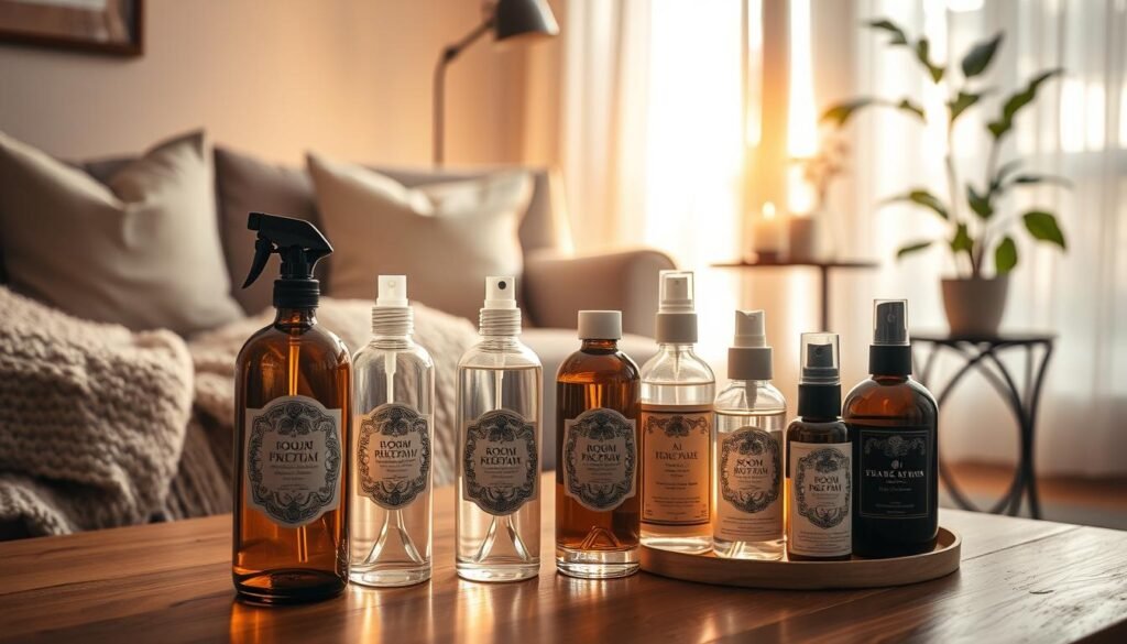 A serene, cozy living room scene showcasing an array of elegant room sprays and mists on a wooden coffee table, surrounded by soft pillows and a warm, knitted blanket. In the foreground, several beautifully designed glass bottles with intricate labels are highlighted, their contents reflecting sunlight. The middle ground features a softly lit corner with a plush armchair, a flickering candle resting on a side table, and a delicate plant, enhancing the inviting atmosphere. The background displays a softly glowing window with sheer curtains, through which warm, golden light filters in. The overall mood is tranquil and intimate, evoking a sense of comfort and serenity, perfect for a cozy evening indoors.