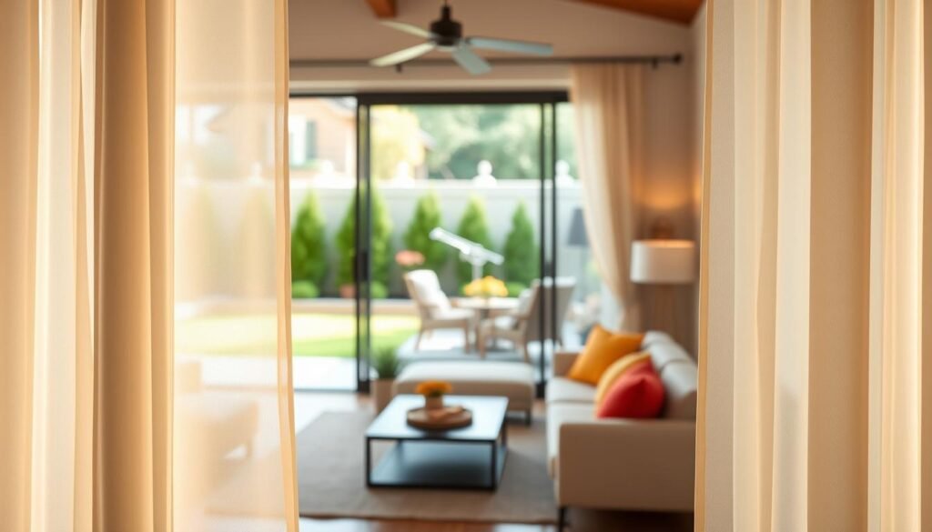 A serene indoor space featuring elegant window treatments that seamlessly transition between indoor and outdoor areas. In the foreground, soft, sheer curtains drape gracefully, allowing natural light to filter through. The middle ground showcases a stylish, modern living area with a cozy sofa and vibrant cushions, complemented by a coffee table. The background reveals a beautifully landscaped patio with lush greenery, accentuated by sliding glass doors that enhance the indoor-outdoor flow. Bright, warm lighting casts a welcoming glow, emphasizing the tranquil atmosphere of flexible transitions. Capture this scene with a slight angle to create depth, using a shallow depth of field to focus on the intricate textures of the window treatments, ensuring a photorealistic aesthetic that evokes comfort and harmony.