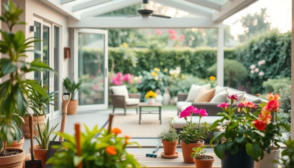 A serene integrated living space featuring a cozy patio seamlessly blending into a modern indoor area. In the foreground, vibrant potted plants and garden tools are arranged neatly, suggesting maintenance activities. The middle ground showcases a stylish outdoor seating arrangement with comfortable cushions and a small decor table, while the indoor section has large glass doors opened wide, inviting natural light. The background features a lush garden filled with blooming flowers and greenery, enhancing the connection between indoor and outdoor. Soft, warm lighting creates an inviting atmosphere, with a shallow depth of field focusing on the outdoor seating. The overall mood feels harmonious and well-kept, emphasizing the importance of maintaining an integrated space for optimal flow and enjoyment.