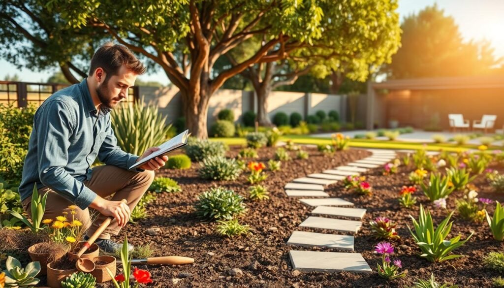 A serene outdoor renovation scene showcasing essential planning for a vibrant landscape makeover. In the foreground, a professional landscape designer, dressed in smart casual attire, kneels beside a colorful assortment of plants and gardening tools, sketching ideas on a notepad. In the middle, a lush garden space is partially transformed: well-defined planting beds, a newly laid stone pathway, and vibrant flowers emerging from rich soil. The background features mature trees and a bright blue sky, illuminated by soft, warm sunlight, creating an inviting atmosphere. A modern outdoor seating area is visible, hinting at future relaxation. The composition captures a blend of creativity and nature, emphasizing the excitement of outdoor renovation.