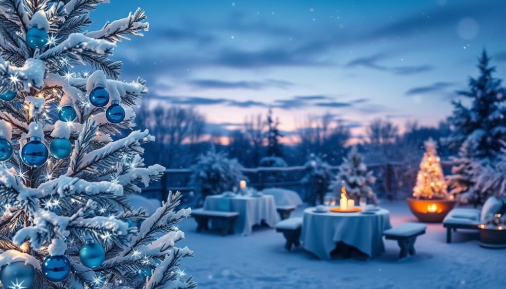 A serene outdoor winter wonderland featuring a magical blue Christmas theme. In the foreground, a beautifully adorned snow-covered pine tree glistens with blue and silver ornaments. Sparkling blue fairy lights twinkle around the branches, casting a soft glow. In the middle, a cozy outdoor scene includes a stylishly set table draped in icy blue tableware and surrounded by snow-dusted benches, inviting warmth from a flickering fire pit nearby. In the background, gently falling snowflakes create a dreamy atmosphere, while a twilight sky in various shades of deep blue and purple adds depth. The lighting is soft and ethereal, resembling the golden hour, creating a sense of hush and wonder. The scene radiates a festive, heartwarming mood, perfect for evoking the magic of the holiday season.