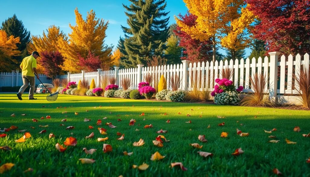 A serene seasonal landscape maintenance scene, showcasing a vibrant outdoor space in early autumn. The foreground features a neatly manicured lawn with fallen leaves scattered artistically, and a gardener in professional attire (such as a bright yellow shirt and khaki pants) gently raking the leaves. In the middle ground, colorful flower beds with blooming chrysanthemums and ornamental grasses contrast against the blue sky. A wooden fence painted white lines the area, providing a rustic touch. In the background, tall trees with golden and crimson foliage add depth, creating a peaceful atmosphere. Soft, golden sunlight enhances the scene, casting gentle shadows and illuminating the rich colors of the landscape. The overall mood is tranquil, inviting viewers to appreciate the beauty of seasonal maintenance.
