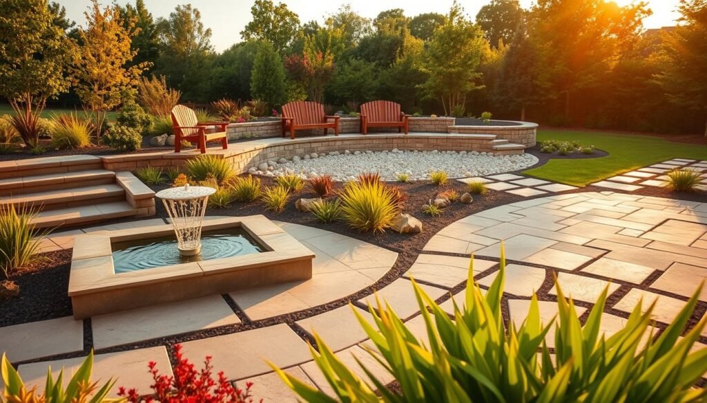 A stunning outdoor space showcasing a variety of hardscaping elements, including a beautifully crafted stone patio and intricate pathways made of natural flagstone. In the foreground, vibrant greenery with ornamental plants complements the hard surfaces, while a modern water feature glimmers, reflecting natural sunlight. The middle ground features a raised seating area with elegant wooden benches, surrounded by low-maintenance rocks and gravel, creating a structured yet inviting atmosphere. The background fades into a lush garden, with a variety of trees and shrubs providing a serene backdrop. Soft, warm lighting enhances the scene during golden hour, creating a tranquil and harmonious mood, captured from a slightly elevated angle to provide a comprehensive view of the layout and design.