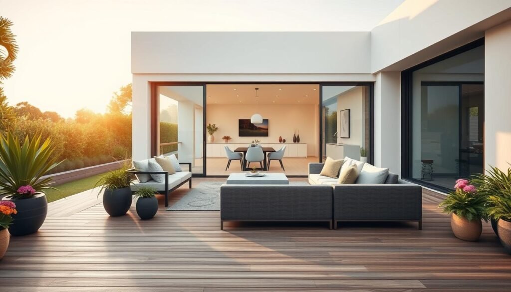 A stunning seamless indoor-outdoor living space that elegantly blends a contemporary patio with a light-filled interior. In the foreground, a sleek wooden deck leads to an inviting lounge area featuring stylish outdoor furniture adorned with plush cushions. Potted greenery and vibrant flowers frame the space, enhancing the natural feel. The middle ground showcases large sliding glass doors that open fully, revealing a bright living room bathed in soft natural light, complete with minimalist decor and a neutral color palette. In the background, lush landscaping creates a serene atmosphere. The scene is captured in the golden hour with warm, soft lighting, highlighting the tranquil mood. Use a wide-angle lens to emphasize the fluid connection between indoor and outdoor environments, creating an engaging and harmonious transition design.