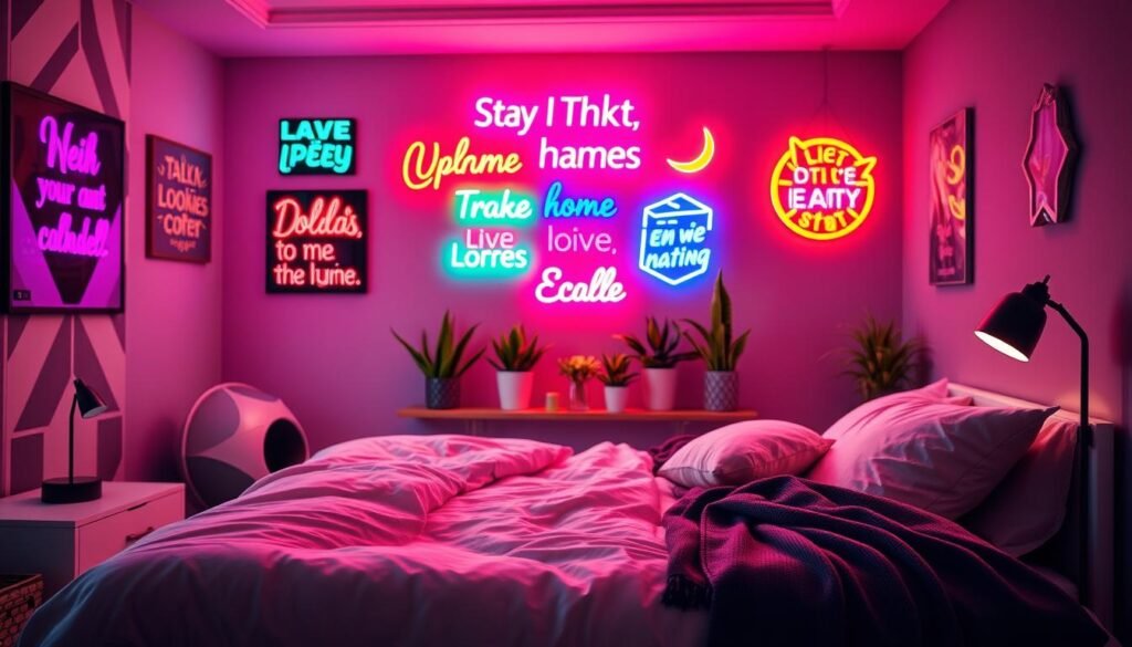 A stylish, modern bedroom showcasing vibrant neon sign ideas that energize the space. In the foreground, a trendy bed adorned with plush pillows and a cozy throw, complemented by a sleek bedside table. The middle section features a variety of glowing neon signs with motivational quotes and playful symbols, casting colorful reflections on the walls. The background shows a softly lit room with geometric patterns and potted plants, creating a fresh atmosphere. Use warm, inviting lighting to enhance the mood, with a slight bokeh effect to emphasize the neon signs. The image should be photorealistic, capturing the essence of a lively, creative bedroom atmosphere.