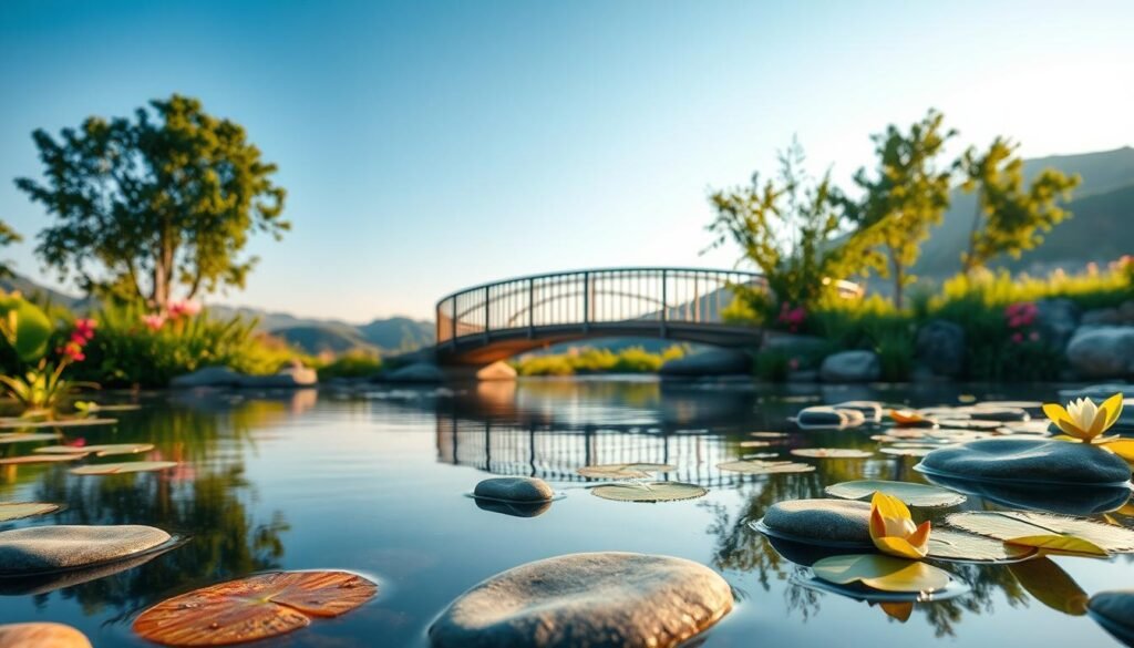 A tranquil landscape featuring serene water features, such as a gentle pond surrounded by lush greenery and vibrant flowers. In the foreground, smooth stones and delicate lily pads float on the water's surface, reflecting the clear blue sky above. The middle ground showcases a gracefully arched wooden bridge crossing over the pond, with soft sunlight filtering through the leaves of nearby trees. In the background, rolling hills fade into a soft haze, adding depth to the scene. The atmosphere is calm and peaceful, evoking a sense of relaxation and harmony with nature. The lighting is warm and inviting, capturing the golden hour glow. This photorealistic image is shot from a low angle to emphasize the beauty of the water features and the surrounding landscape.