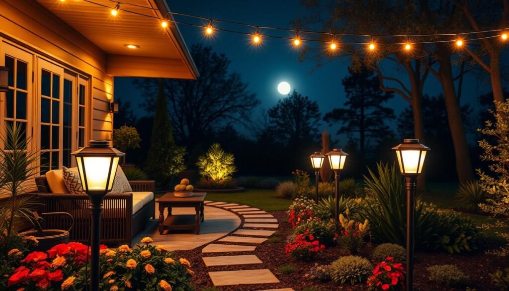 A tranquil outdoor patio illuminated by stylish string lights, casting a warm golden glow over a cozy seating area with plush cushions and a decorative wooden table. In the foreground, a set of elegant solar garden lamps with soft diffused light flanking a pathway lined with vibrant flowers. The middle ground features a beautifully landscaped garden with lush greenery and colorful plants, enhancing the inviting atmosphere. In the background, silhouetted trees softly illuminated by moonlight add depth, creating a serene nighttime setting. Capture this scene with a wide-angle lens for a panoramic view, emphasizing the harmony of light and nature, evoking a cozy and relaxing mood, perfect for evening gatherings.