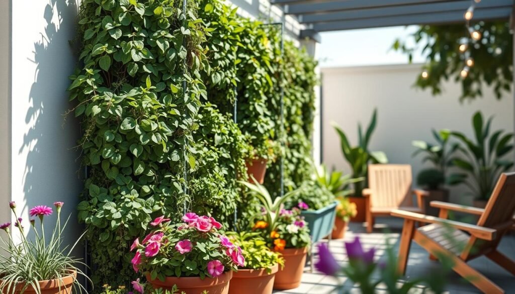 A vibrant small-space vertical garden featuring a stunning array of lush, green plants cascading down an innovative wall structure. In the foreground, pots of colorful flowers and herbs provide a pop of color, contrasting beautifully with the deep green foliage. The middle ground showcases the vertical garden, meticulously arranged in an artistic design, with varied textures and heights of plants creating visual interest. The background includes a cozy outdoor seating area with natural wood furniture, complemented by softly glowing string lights that illuminate the scene, adding warmth. The image captures a bright, sunny day with soft, diffused light, inviting a serene and tranquil atmosphere perfect for small space landscaping. Photorealistic quality with a shallow depth of field enhances the focus on the vibrant garden.