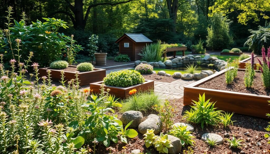 A vibrant sustainable landscaping garden full of native plants, showcasing various textures and colors. In the foreground, a patch of fragrant herbs and flowering plants, interspersed with ornamental stones, creates a lively scene. The middle ground features a charming vegetable patch bordered by rich, dark wood raised beds, while a small compost bin reflects eco-friendly practices. In the background, a small pond is surrounded by lush greenery, attracting birds and butterflies under dappled sunlight filtering through trees. The atmosphere is serene and inviting, with soft, warm light casting gentle shadows. Capture the composition with a wide-angle lens from a low angle, emphasizing the lush flora and the harmonious integration of the elements, evoking a sense of tranquility and ecological balance.