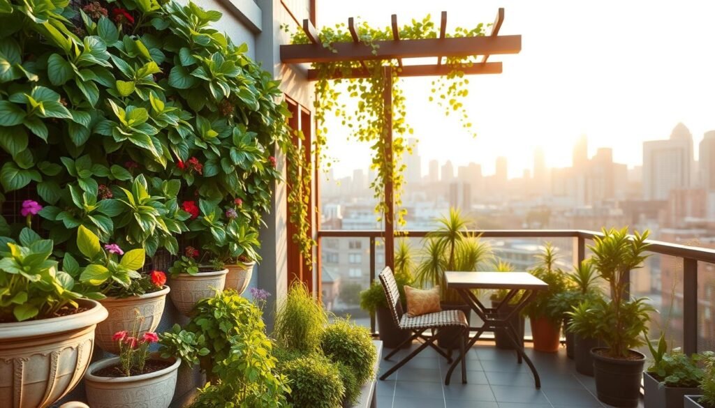A vibrant urban outdoor space featuring vertical gardening integrated into a cozy patio setting. In the foreground, a well-maintained vertical garden is adorned with lush green plants and colorful flowers, showcasing various species in decorative planters. A small, stylish table and chairs are positioned on the patio, inviting relaxation. In the middle ground, a wooden trellis supports climbing vines, enhancing the sense of greenery and life. The background reveals a city skyline, bathed in warm, golden sunlight during the late afternoon, creating a tranquil atmosphere. Use a wide-angle lens effect to capture the full scope of the space, with soft, diffused lighting to evoke a welcoming and serene mood.