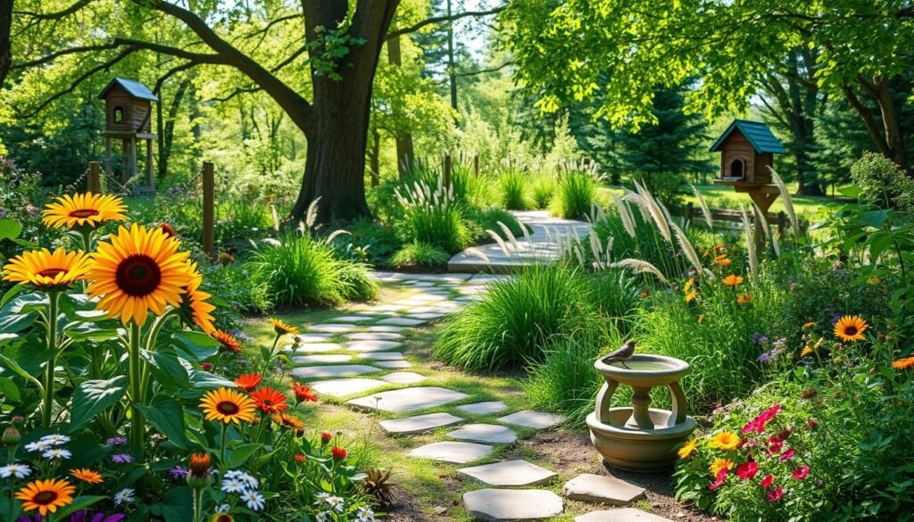 A vibrant wildlife garden design featuring a variety of native plants, flowers, and shrubs that attract birds, butterflies, and beneficial insects. In the foreground, colorful blooms like sunflowers and daisies provide a natural habitat, while a small birdbath invites feathered visitors. The middle ground showcases a winding path made of natural stone, bordered by lush greenery and ornamental grasses. In the background, tall trees provide shade and shelter, and a butterfly house adds charm. Sunlight filters through the leaves, creating dappled shadows on the ground. The atmosphere is peaceful and inviting, embodying a sense of harmony with nature. Capture this scene in a photorealistic style, with soft focus for background elements and vibrant clarity for foreground details, shot at eye level to immerse the viewer in the garden.