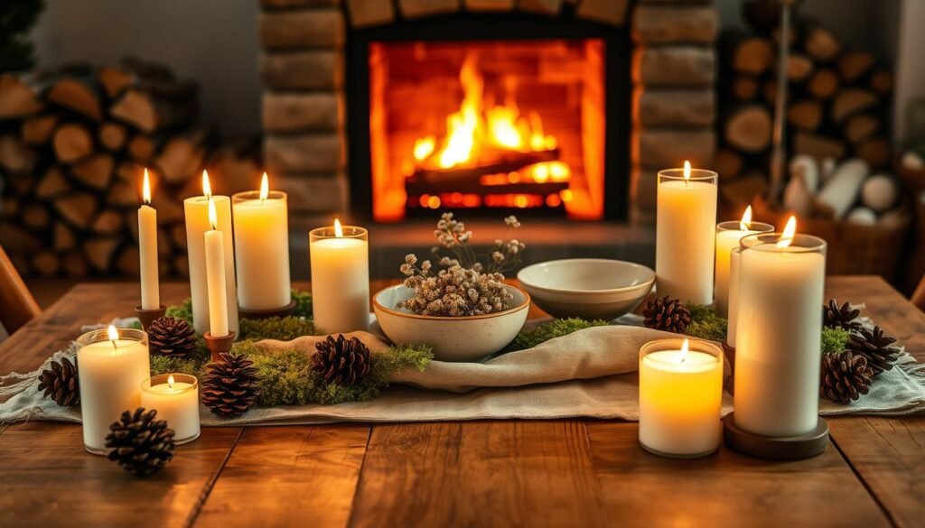 A warm and inviting cozy lighting design arrangement centered around a wooden table. In the foreground, neatly arranged decorative candles of varying heights, some flickering gently, surrounded by natural elements like pinecones and soft green moss. In the middle, an elegant, slightly worn linen tablecloth adds texture, while a few elegantly placed ceramic bowls filled with dried flowers bring warmth. The background features a softly lit fireplace with logs stacked nearby, creating a comforting glow. The overall lighting is soft and diffused, enhancing the intimate atmosphere, reminiscent of a relaxed evening indoors. Capture this scene with a warm color palette, focusing on the details that evoke feelings of comfort and serenity, shot with a shallow depth of field to create an intimate, inviting feel.