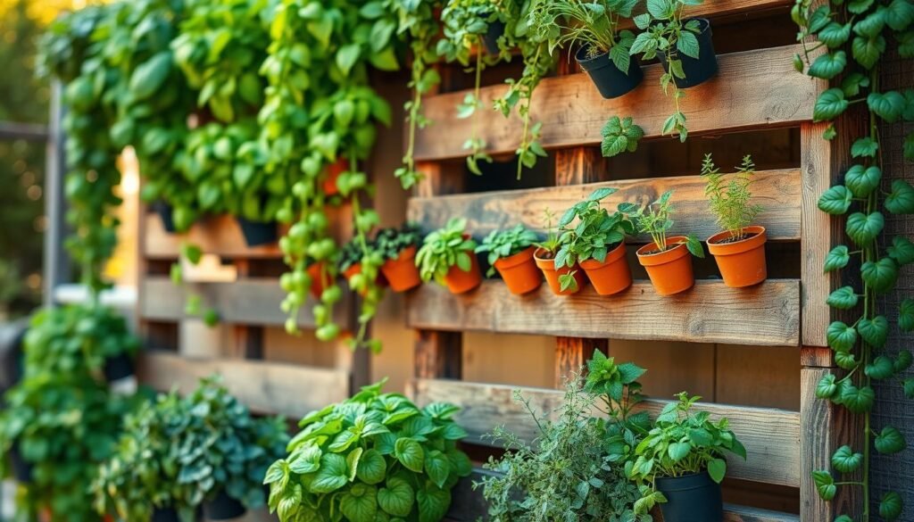 A beautiful vertical pallet garden wall, filled with lush herbs and small plants, animated with green hues. The foreground features vibrant planters filled with basil, thyme, and mint cascading down from the wooden pallets. In the middle, the weathered wooden pallets are arranged vertically, showcasing an array of small potted plants and herbs, enhancing the rustic charm. The background is softly blurred, hinting at a sunlit outdoor space with soft bokeh lights. The image captures the serene atmosphere of a peaceful garden nook, bathed in warm, natural lighting, as if taken with a 50mm lens for a crisp focus on the plants. The overall mood is refreshing and inviting, perfect for inspiring home gardeners. A beautiful vertical pallet garden wall, filled with lush herbs and small plants, animated with green hues. The foreground features vibrant planters filled with basil, thyme, and mint cascading down from the wooden pallets. In the middle, the weathered wooden pallets are arranged vertically, showcasing an array of small potted plants and herbs, enhancing the rustic charm. The background is softly blurred, hinting at a sunlit outdoor space with soft bokeh lights. The image captures the serene atmosphere of a peaceful garden nook, bathed in warm, natural lighting, as if taken with a 50mm lens for a crisp focus on the plants. The overall mood is refreshing and inviting, perfect for inspiring home gardeners.