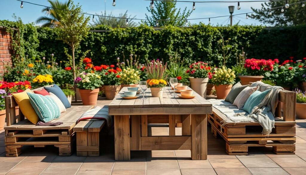 A beautifully arranged outdoor space featuring rustic pallet furniture ideal for entertaining on a budget. In the foreground, showcase a large, weathered wooden pallet table set with colorful cushions and casual dining ware, inviting a relaxed atmosphere. Surrounding the table, stackable pallet benches with soft throws create a cozy seating area. In the middle ground, vibrant potted plants and string lights provide a touch of greenery and warmth, enhancing the outdoor vibe. The background includes a lush garden with bright flowers and a clear blue sky, hinting at a sunny day. The scene is illuminated by soft, natural lighting, captured from a low angle to emphasize the inviting setup. The overall mood is cheerful and welcoming, perfect for casual gatherings with friends and family. A beautifully arranged outdoor space featuring rustic pallet furniture ideal for entertaining on a budget. In the foreground, showcase a large, weathered wooden pallet table set with colorful cushions and casual dining ware, inviting a relaxed atmosphere. Surrounding the table, stackable pallet benches with soft throws create a cozy seating area. In the middle ground, vibrant potted plants and string lights provide a touch of greenery and warmth, enhancing the outdoor vibe. The background includes a lush garden with bright flowers and a clear blue sky, hinting at a sunny day. The scene is illuminated by soft, natural lighting, captured from a low angle to emphasize the inviting setup. The overall mood is cheerful and welcoming, perfect for casual gatherings with friends and family.