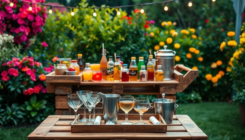 A beautifully arranged pallet bar cart beverage station, ideal for outdoor and indoor parties, set against a vibrant garden backdrop. The cart, made from rustic wooden pallets, is adorned with various colorful drinks and elegant glassware, showcasing cocktails, soda, and fresh fruits. The foreground features a stylishly decorated tray with garnishes, napkins, and an ice bucket. In the middle ground, the bar cart is illuminated by soft, warm lighting, accentuating the wood's texture and the sparkling glasses. In the background, blooming flowers and lush greenery create a festive atmosphere, complemented by string lights twinkling overhead. The scene captures a cheerful, inviting mood, perfect for gatherings. The image is shot from a slightly elevated angle to highlight the cart's details and the festive setting while maintaining a photorealistic quality. A beautifully arranged pallet bar cart beverage station, ideal for outdoor and indoor parties, set against a vibrant garden backdrop. The cart, made from rustic wooden pallets, is adorned with various colorful drinks and elegant glassware, showcasing cocktails, soda, and fresh fruits. The foreground features a stylishly decorated tray with garnishes, napkins, and an ice bucket. In the middle ground, the bar cart is illuminated by soft, warm lighting, accentuating the wood's texture and the sparkling glasses. In the background, blooming flowers and lush greenery create a festive atmosphere, complemented by string lights twinkling overhead. The scene captures a cheerful, inviting mood, perfect for gatherings. The image is shot from a slightly elevated angle to highlight the cart's details and the festive setting while maintaining a photorealistic quality.