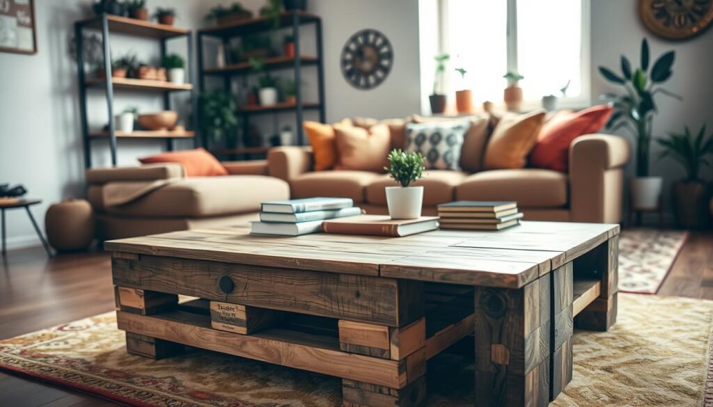A beautifully crafted indoor pallet coffee table, made from reclaimed wooden pallets, sits in the foreground, showcasing its rustic charm with a weathered finish and natural textures. The table is adorned with a small potted plant and a stack of coffee table books, adding a cozy touch. In the middle, a plush, inviting living room features a stylish sofa with soft cushions in warm, earthy tones, and a vibrant area rug underneath. The background displays shelves filled with indoor plants and decorative items, enhancing the homely atmosphere. Soft, ambient lighting filters through a nearby window, casting gentle shadows, creating a warm and inviting mood. The scene is captured with a wide-angle lens to emphasize the spaciousness of the living room, showcasing the coffee table as a central focal point that anchors the space. A beautifully crafted indoor pallet coffee table, made from reclaimed wooden pallets, sits in the foreground, showcasing its rustic charm with a weathered finish and natural textures. The table is adorned with a small potted plant and a stack of coffee table books, adding a cozy touch. In the middle, a plush, inviting living room features a stylish sofa with soft cushions in warm, earthy tones, and a vibrant area rug underneath. The background displays shelves filled with indoor plants and decorative items, enhancing the homely atmosphere. Soft, ambient lighting filters through a nearby window, casting gentle shadows, creating a warm and inviting mood. The scene is captured with a wide-angle lens to emphasize the spaciousness of the living room, showcasing the coffee table as a central focal point that anchors the space.