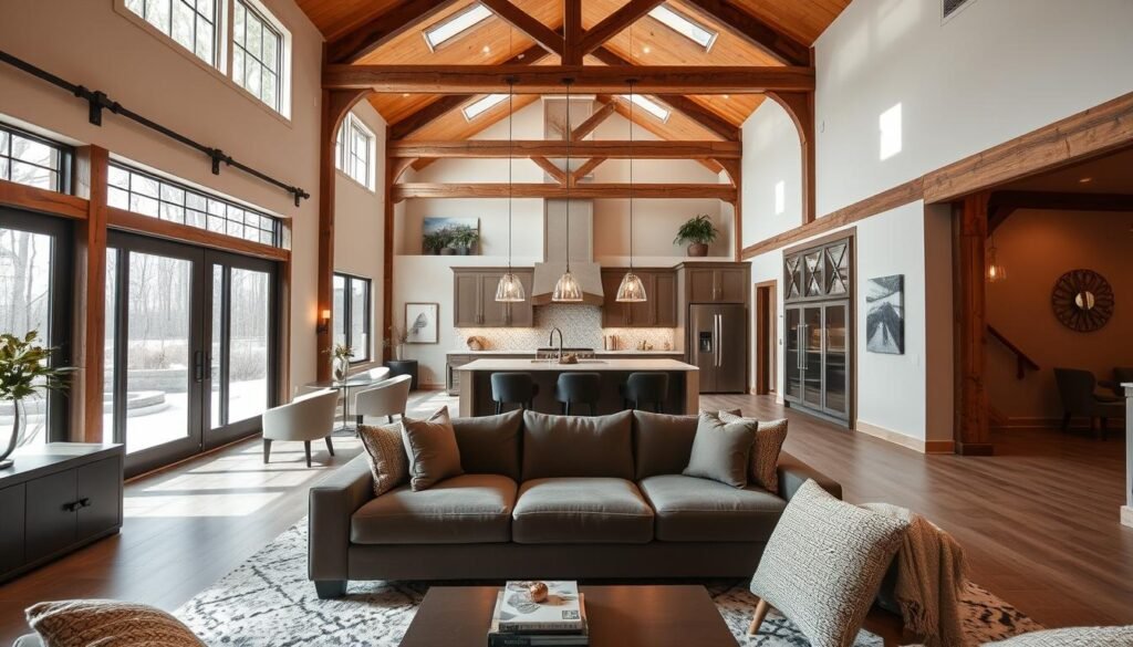 A beautifully designed interior of a custom barndominium, showcasing flexible spaces and functional design. In the foreground, a modern living room features a cozy seating area with plush sofas, stylish decor, and large windows allowing natural light to flood the space. The middle layer reveals an open-concept kitchen with sleek cabinetry and a large island, perfect for entertaining. In the background, rustic wooden beams and high ceilings create an inviting atmosphere. Soft, warm lighting accents the space, emphasizing a homely yet chic vibe. The scene is captured from a low angle, ensuring a dynamic perspective that highlights the unique architecture and versatility of the barndominium. Overall, the mood is inviting and harmonious, illustrating the essence of comfort and design flexibility. A beautifully designed interior of a custom barndominium, showcasing flexible spaces and functional design. In the foreground, a modern living room features a cozy seating area with plush sofas, stylish decor, and large windows allowing natural light to flood the space. The middle layer reveals an open-concept kitchen with sleek cabinetry and a large island, perfect for entertaining. In the background, rustic wooden beams and high ceilings create an inviting atmosphere. Soft, warm lighting accents the space, emphasizing a homely yet chic vibe. The scene is captured from a low angle, ensuring a dynamic perspective that highlights the unique architecture and versatility of the barndominium. Overall, the mood is inviting and harmonious, illustrating the essence of comfort and design flexibility.