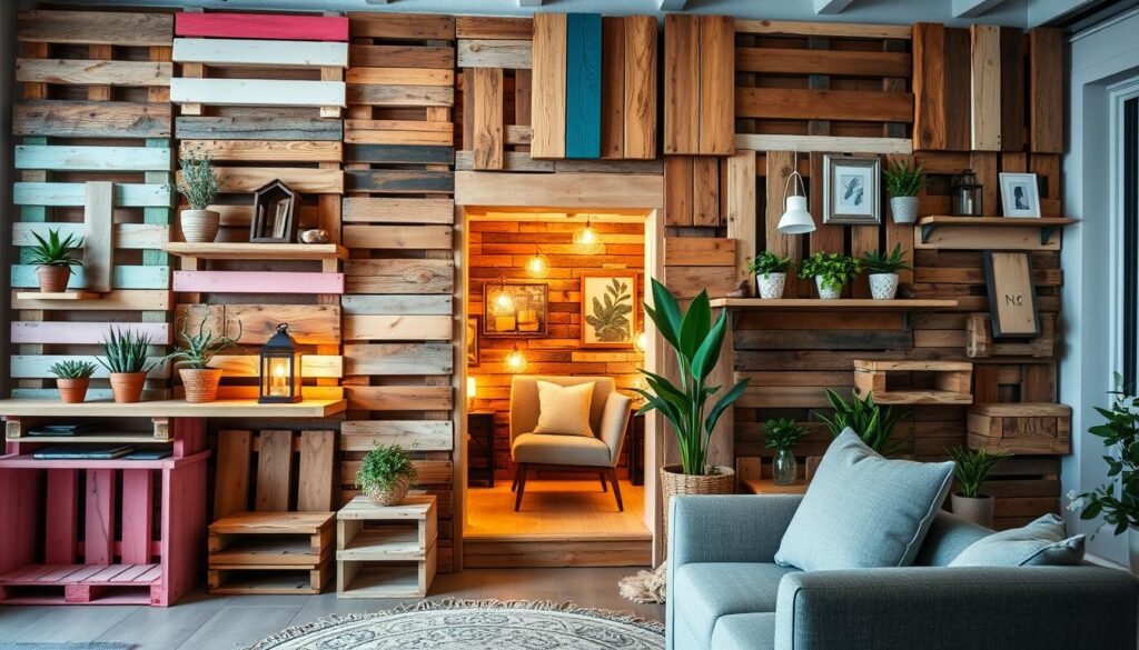 A beautifully designed statement wall featuring an array of pallet decor ideas, showcasing a mix of textures and colors. In the foreground, vibrant wooden pallets are creatively arranged, some painted in soft pastels while others retain their natural wood finish. Rustic shelves display potted plants and decorative items, like lanterns and art pieces. The middle section reveals a cozy accent corner with a plush chair and a small side table, elegantly framed by the pallet wall. In the background, warm, ambient lighting casts a soft glow, enhancing the welcoming atmosphere. Capture this scene with a wide-angle lens to encompass the entire wall, with a focus on detail and depth. The mood is inviting and creatively inspiring, perfect for indoor spaces. A beautifully designed statement wall featuring an array of pallet decor ideas, showcasing a mix of textures and colors. In the foreground, vibrant wooden pallets are creatively arranged, some painted in soft pastels while others retain their natural wood finish. Rustic shelves display potted plants and decorative items, like lanterns and art pieces. The middle section reveals a cozy accent corner with a plush chair and a small side table, elegantly framed by the pallet wall. In the background, warm, ambient lighting casts a soft glow, enhancing the welcoming atmosphere. Capture this scene with a wide-angle lens to encompass the entire wall, with a focus on detail and depth. The mood is inviting and creatively inspiring, perfect for indoor spaces.