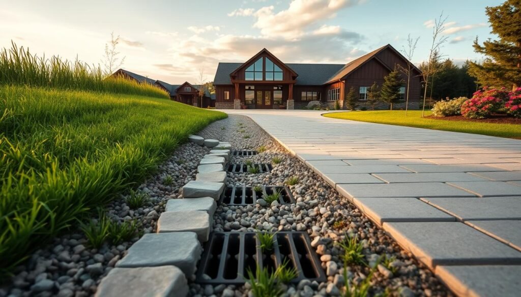 A beautifully landscaped driveway leading to a barndominium, with smooth gravel transitioning to pavers, framed by lush green grass and ornamental flowers. In the foreground, detailed drainage solutions like a stone trench and grates are visible, showcasing functional design. The middle ground features the entrance of the barndominium, characterized by rustic materials and large windows that reflect sunlight. In the background, expansive skies with soft clouds complete the scene, emphasizing a serene rural setting. The lighting is warm and inviting, suggesting either early morning or late afternoon, enhancing the photorealistic quality. The angle is slightly elevated, giving a comprehensive view of the site prep, utilities, and inviting atmosphere of living in a barndominium. A beautifully landscaped driveway leading to a barndominium, with smooth gravel transitioning to pavers, framed by lush green grass and ornamental flowers. In the foreground, detailed drainage solutions like a stone trench and grates are visible, showcasing functional design. The middle ground features the entrance of the barndominium, characterized by rustic materials and large windows that reflect sunlight. In the background, expansive skies with soft clouds complete the scene, emphasizing a serene rural setting. The lighting is warm and inviting, suggesting either early morning or late afternoon, enhancing the photorealistic quality. The angle is slightly elevated, giving a comprehensive view of the site prep, utilities, and inviting atmosphere of living in a barndominium.