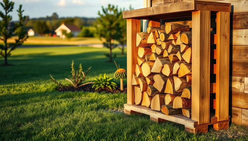 A beautifully organized outdoor scene featuring a rustic pallet firewood rack, constructed from weathered wooden pallets, showcasing neatly stacked firewood. In the foreground, the rack is adorned with organic textures, displaying varying sizes of logs, with sunlight casting warm, golden glows on the wood. The middle ground captures lush green grass and a few garden plants, providing a natural setting that complements the wooden structure. The background presents a soft-focus suburban landscape, with distant trees and a clear blue sky. The photo should have a balanced composition, taken from a slightly elevated angle to emphasize the rack's structure, rendered in high realism with soft, natural lighting, evoking a serene and inviting atmosphere perfect for outdoor storage solutions. A beautifully organized outdoor scene featuring a rustic pallet firewood rack, constructed from weathered wooden pallets, showcasing neatly stacked firewood. In the foreground, the rack is adorned with organic textures, displaying varying sizes of logs, with sunlight casting warm, golden glows on the wood. The middle ground captures lush green grass and a few garden plants, providing a natural setting that complements the wooden structure. The background presents a soft-focus suburban landscape, with distant trees and a clear blue sky. The photo should have a balanced composition, taken from a slightly elevated angle to emphasize the rack's structure, rendered in high realism with soft, natural lighting, evoking a serene and inviting atmosphere perfect for outdoor storage solutions.