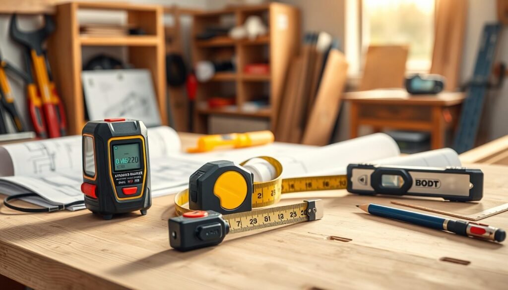 A beautifully organized workspace showcasing an array of measurement and layout tools for building projects. In the foreground, prominently feature a digital laser distance measurer, a sturdy tape measure, and a set square, all positioned on a wooden workbench. In the middle ground, display architectural blueprints, a carpenter's level, and a marking pencil, with soft, natural light illuminating the scene, creating a warm and inviting atmosphere. The background consists of a blurred, well-lit room with tool racks and other construction materials, enhancing the focus on the tools. The image should be captured from a slightly elevated angle to provide depth, resembling a professional photograph in a photorealistic style. A beautifully organized workspace showcasing an array of measurement and layout tools for building projects. In the foreground, prominently feature a digital laser distance measurer, a sturdy tape measure, and a set square, all positioned on a wooden workbench. In the middle ground, display architectural blueprints, a carpenter's level, and a marking pencil, with soft, natural light illuminating the scene, creating a warm and inviting atmosphere. The background consists of a blurred, well-lit room with tool racks and other construction materials, enhancing the focus on the tools. The image should be captured from a slightly elevated angle to provide depth, resembling a professional photograph in a photorealistic style.