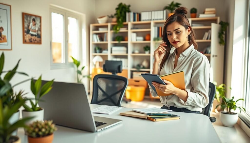 A bright and inviting home office workspace assessment scene, featuring a modern desk arranged with a laptop, notebooks, and eco-friendly plants. In the foreground, a professional woman in modest casual attire, thoughtfully examining her workspace with a clipboard, showcasing a focus on organization. In the middle, a stylish ergonomic chair complements the desk, surrounded by neatly organized shelves filled with books and office supplies, all bathed in soft, natural light filtering through a large window. The background reveals a cozy corner with a comfortable reading chair and a small bookshelf. The atmosphere is serene and productive, inspiring a sense of clarity and motivation for workspace optimization. The photograph is captured at eye level with a shallow depth of field to highlight the subject. A bright and inviting home office workspace assessment scene, featuring a modern desk arranged with a laptop, notebooks, and eco-friendly plants. In the foreground, a professional woman in modest casual attire, thoughtfully examining her workspace with a clipboard, showcasing a focus on organization. In the middle, a stylish ergonomic chair complements the desk, surrounded by neatly organized shelves filled with books and office supplies, all bathed in soft, natural light filtering through a large window. The background reveals a cozy corner with a comfortable reading chair and a small bookshelf. The atmosphere is serene and productive, inspiring a sense of clarity and motivation for workspace optimization. The photograph is captured at eye level with a shallow depth of field to highlight the subject.