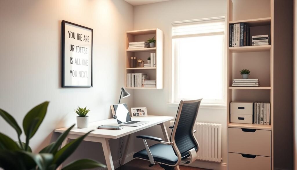 A compact office layout designed for small spaces, featuring a sleek desk with ergonomic chair positioned against a wall, adorned with motivational art. The foreground includes a potted plant for a touch of greenery. In the middle, a tidy arrangement of office supplies and a laptop on the desk, with bookshelves above storing books and files neatly. The background shows a window letting in natural light, illuminating the space with a warm glow. Soft, modern colors create a harmonious atmosphere. Capture this scene from a slightly elevated angle, with a focus on the functionality and organization, reflecting a tidy and productive work environment. Ensure the aesthetic is minimalistic yet inviting, emphasizing practical design for shared rooms. A compact office layout designed for small spaces, featuring a sleek desk with ergonomic chair positioned against a wall, adorned with motivational art. The foreground includes a potted plant for a touch of greenery. In the middle, a tidy arrangement of office supplies and a laptop on the desk, with bookshelves above storing books and files neatly. The background shows a window letting in natural light, illuminating the space with a warm glow. Soft, modern colors create a harmonious atmosphere. Capture this scene from a slightly elevated angle, with a focus on the functionality and organization, reflecting a tidy and productive work environment. Ensure the aesthetic is minimalistic yet inviting, emphasizing practical design for shared rooms.
