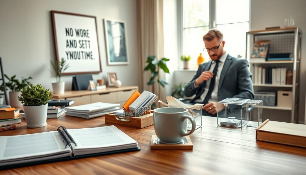 A cozy home office scene featuring a professional individual dressed in smart, casual attire, engaged in a daily reset routine. In the foreground, a clutter-free wooden desk displays a tidy workspace with an organized planner, a potted plant, and a cup of steaming coffee. The middle ground showcases the individual arranging office supplies in labeled containers, with a soft-focus on motivational artwork on the wall. In the background, natural light floods in through a large window, highlighting a tidy bookshelf filled with books and decorative items. The overall atmosphere is calm and productive, evoking a sense of organization and focus, captured in a photorealistic style with warm lighting and a slightly elevated angle to capture the entire scene. A cozy home office scene featuring a professional individual dressed in smart, casual attire, engaged in a daily reset routine. In the foreground, a clutter-free wooden desk displays a tidy workspace with an organized planner, a potted plant, and a cup of steaming coffee. The middle ground showcases the individual arranging office supplies in labeled containers, with a soft-focus on motivational artwork on the wall. In the background, natural light floods in through a large window, highlighting a tidy bookshelf filled with books and decorative items. The overall atmosphere is calm and productive, evoking a sense of organization and focus, captured in a photorealistic style with warm lighting and a slightly elevated angle to capture the entire scene.