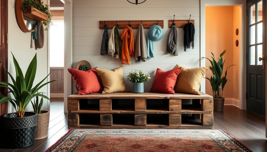 A cozy indoor space featuring stylish pallet bench seating, designed for entryways and mudrooms. The foreground showcases a rustic, wooden pallet bench adorned with soft, colorful cushions for comfort. In the middle, the bench is flanked by potted plants and decorative wall hooks displaying hats and scarves, enhancing the inviting atmosphere. The background includes a warmly lit entryway with a soft, natural light filtering through a nearby window, casting gentle shadows and highlighting the textures of the wood. A stylish rug anchors the scene, adding warmth and comfort. The overall mood is welcoming and functional, perfect for a modern yet rustic home setting. Photorealistic quality with attention to details, capturing the essence of indoor pallet projects. A cozy indoor space featuring stylish pallet bench seating, designed for entryways and mudrooms. The foreground showcases a rustic, wooden pallet bench adorned with soft, colorful cushions for comfort. In the middle, the bench is flanked by potted plants and decorative wall hooks displaying hats and scarves, enhancing the inviting atmosphere. The background includes a warmly lit entryway with a soft, natural light filtering through a nearby window, casting gentle shadows and highlighting the textures of the wood. A stylish rug anchors the scene, adding warmth and comfort. The overall mood is welcoming and functional, perfect for a modern yet rustic home setting. Photorealistic quality with attention to details, capturing the essence of indoor pallet projects.