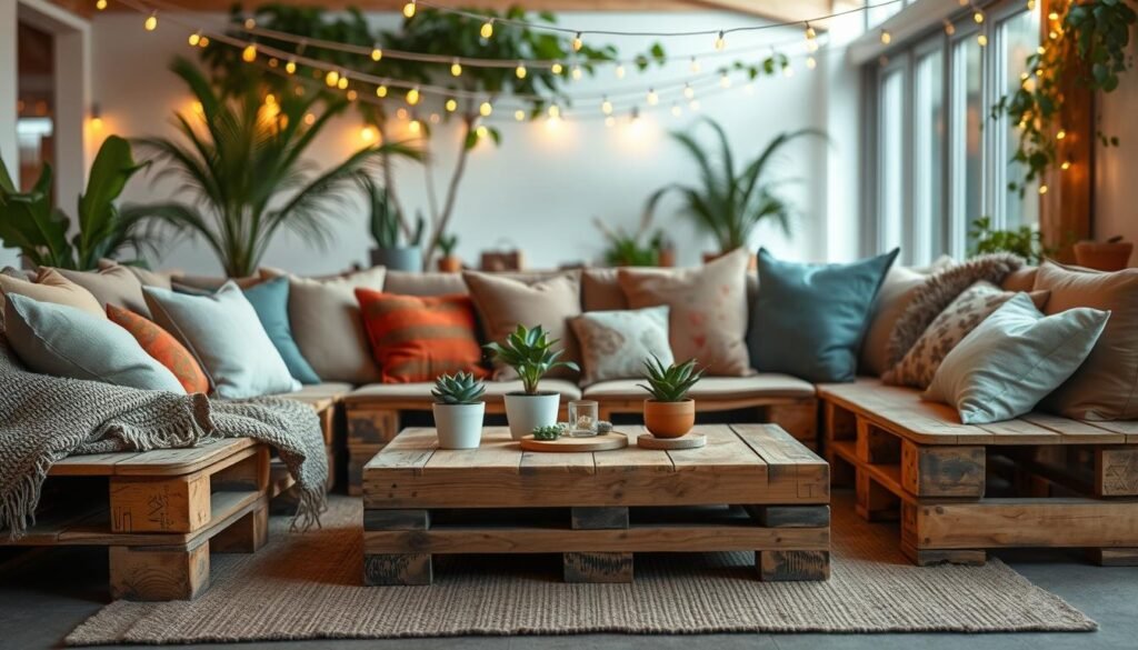 A cozy lounge setup featuring a creative pallet sofa made from upcycled wooden pallets, surrounded by plush cushions in earthy tones and soft textiles. In the foreground, the pallet sofa is adorned with decorative throws and colorful accent pillows. The middle ground showcases a rustic wooden coffee table made from the same pallets, topped with potted plants and artisanal coasters. In the background, soft ambient lighting creates a warm and inviting atmosphere, with fairy lights draped above for a magical touch. The scene is set in a bright, well-lit indoor space with a hint of greenery, suggesting a blend of indoor and outdoor relaxation. The image should be photorealistic, capturing the textures of the wood and fabrics, with a focus on creating a serene, comfortable vibe. A cozy lounge setup featuring a creative pallet sofa made from upcycled wooden pallets, surrounded by plush cushions in earthy tones and soft textiles. In the foreground, the pallet sofa is adorned with decorative throws and colorful accent pillows. The middle ground showcases a rustic wooden coffee table made from the same pallets, topped with potted plants and artisanal coasters. In the background, soft ambient lighting creates a warm and inviting atmosphere, with fairy lights draped above for a magical touch. The scene is set in a bright, well-lit indoor space with a hint of greenery, suggesting a blend of indoor and outdoor relaxation. The image should be photorealistic, capturing the textures of the wood and fabrics, with a focus on creating a serene, comfortable vibe.