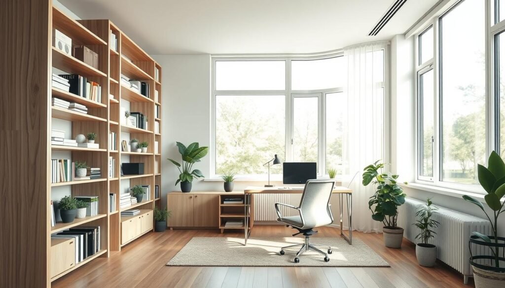 A modern home office featuring innovative vertical storage solutions designed to maximize every inch of space. In the foreground, an elegant, floor-to-ceiling shelving unit filled with neatly organized books, decorative boxes, and potted plants, all made of light wood with a contemporary finish. The middle section showcases a stylish desk with a minimalist design, accompanied by a comfortable, ergonomic chair dressed in soft fabric. In the background, large windows allow natural sunlight to fill the room, creating a warm and inviting atmosphere. The lighting is soft and diffused, emphasizing the clean lines and organized layout. Capture this in a photorealistic style from a slightly elevated angle, providing a comprehensive view of the efficient use of vertical space in a tranquil and professional setting. A modern home office featuring innovative vertical storage solutions designed to maximize every inch of space. In the foreground, an elegant, floor-to-ceiling shelving unit filled with neatly organized books, decorative boxes, and potted plants, all made of light wood with a contemporary finish. The middle section showcases a stylish desk with a minimalist design, accompanied by a comfortable, ergonomic chair dressed in soft fabric. In the background, large windows allow natural sunlight to fill the room, creating a warm and inviting atmosphere. The lighting is soft and diffused, emphasizing the clean lines and organized layout. Capture this in a photorealistic style from a slightly elevated angle, providing a comprehensive view of the efficient use of vertical space in a tranquil and professional setting.