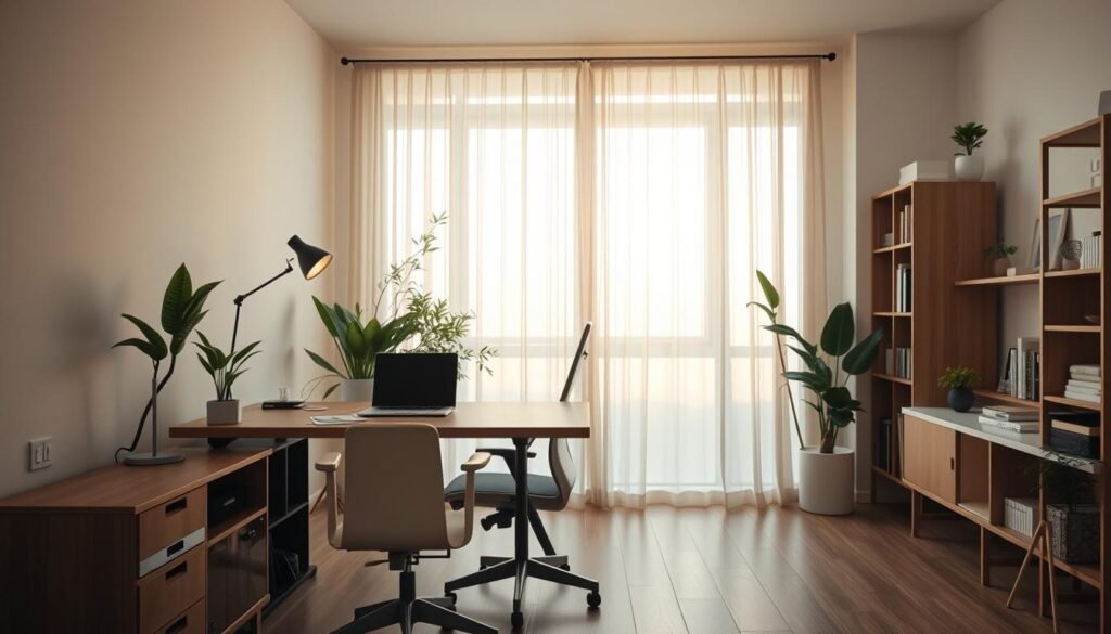 A modern home office interior bathed in soft, warm light. In the foreground, a sleek wooden desk with an ergonomic chair, both neatly organized with a laptop, a few decor items, and a stylish lamp casting a gentle glow. In the middle ground, there's a large window with sheer curtains allowing natural light to filter in, complemented by indoor plants that add greenery and calmness. The walls are painted in soothing pastel colors, enhancing the serene atmosphere. In the background, shelves filled with books and minimalist decor create a clean, inviting look. The scene is captured from a slightly elevated angle, emphasizing the spaciousness and balance of light and aesthetics, conveying a focused, productive environment. Ensure the scene is devoid of people and text, highlighting the essence of effective office lighting. A modern home office interior bathed in soft, warm light. In the foreground, a sleek wooden desk with an ergonomic chair, both neatly organized with a laptop, a few decor items, and a stylish lamp casting a gentle glow. In the middle ground, there's a large window with sheer curtains allowing natural light to filter in, complemented by indoor plants that add greenery and calmness. The walls are painted in soothing pastel colors, enhancing the serene atmosphere. In the background, shelves filled with books and minimalist decor create a clean, inviting look. The scene is captured from a slightly elevated angle, emphasizing the spaciousness and balance of light and aesthetics, conveying a focused, productive environment. Ensure the scene is devoid of people and text, highlighting the essence of effective office lighting.