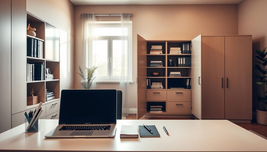 A modern home office setup with an emphasis on hidden storage solutions. In the foreground, a sleek desk with elegant stationery and a laptop, featuring a stylish, minimalistic design. To the left, a sophisticated shelving unit built into the wall showcasing organized books and decorative items, seamlessly integrating hidden compartments for additional storage. In the middle ground, a beautiful cabinet with a clean finish, slightly ajar to reveal neatly stacked files and office supplies, enhancing functionality without clutter. The background shows a warm, inviting room with soft natural light filtering through a window, casting gentle shadows, creating a cozy yet professional atmosphere. Use a wide-angle lens to capture the entirety of the space, aiming for photorealistic quality. The overall mood is inspiring and organized, encouraging creativity and efficiency. A modern home office setup with an emphasis on hidden storage solutions. In the foreground, a sleek desk with elegant stationery and a laptop, featuring a stylish, minimalistic design. To the left, a sophisticated shelving unit built into the wall showcasing organized books and decorative items, seamlessly integrating hidden compartments for additional storage. In the middle ground, a beautiful cabinet with a clean finish, slightly ajar to reveal neatly stacked files and office supplies, enhancing functionality without clutter. The background shows a warm, inviting room with soft natural light filtering through a window, casting gentle shadows, creating a cozy yet professional atmosphere. Use a wide-angle lens to capture the entirety of the space, aiming for photorealistic quality. The overall mood is inspiring and organized, encouraging creativity and efficiency.