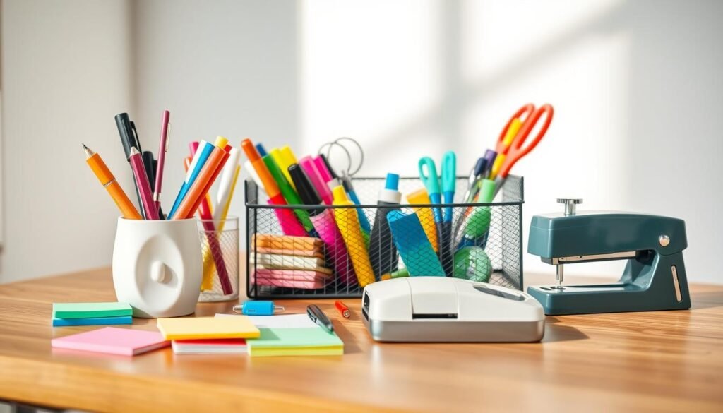 A modern home office supply station is neatly organized on a stylish wooden desk. In the foreground, there are various small office items such as colorful sticky notes, sleek pens in a ceramic holder, a stylish stapler, and a compact tape dispenser, all arranged harmoniously. The middle showcases a wire mesh organizer filled with additional office supplies like scissors, highlighters, and paper clips. In the background, a softly diffused window lets in natural light, casting gentle shadows on the desk, enhancing the warm, inviting atmosphere. The overall color palette is cheerful, with pops of vibrant colors against a minimalist, white wall. Capture this scene with a shallow depth of field to emphasize the supply station, ensuring a photorealistic finish that conveys creativity and organization. A modern home office supply station is neatly organized on a stylish wooden desk. In the foreground, there are various small office items such as colorful sticky notes, sleek pens in a ceramic holder, a stylish stapler, and a compact tape dispenser, all arranged harmoniously. The middle showcases a wire mesh organizer filled with additional office supplies like scissors, highlighters, and paper clips. In the background, a softly diffused window lets in natural light, casting gentle shadows on the desk, enhancing the warm, inviting atmosphere. The overall color palette is cheerful, with pops of vibrant colors against a minimalist, white wall. Capture this scene with a shallow depth of field to emphasize the supply station, ensuring a photorealistic finish that conveys creativity and organization.