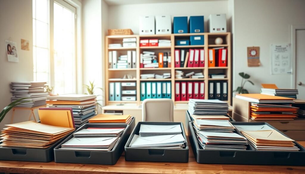 A modern mail sorting station in a bright, organized home office. In the foreground, a sleek, wooden desk holds an array of sorting trays filled with colorful envelopes and neatly stacked documents. The middle section features an open shelving unit displaying various office supplies like folders, labels, and binders, all labeled and color-coordinated for easy access. In the background, a large window lets in soft, natural light, illuminating the entire space and creating a warm, inviting atmosphere. The scene is captured from a slightly elevated angle, giving a clear view of the sorting process while enhancing the sense of orderliness. The mood is productive and calm, perfect for fostering creativity and efficiency in paper management. A modern mail sorting station in a bright, organized home office. In the foreground, a sleek, wooden desk holds an array of sorting trays filled with colorful envelopes and neatly stacked documents. The middle section features an open shelving unit displaying various office supplies like folders, labels, and binders, all labeled and color-coordinated for easy access. In the background, a large window lets in soft, natural light, illuminating the entire space and creating a warm, inviting atmosphere. The scene is captured from a slightly elevated angle, giving a clear view of the sorting process while enhancing the sense of orderliness. The mood is productive and calm, perfect for fostering creativity and efficiency in paper management.