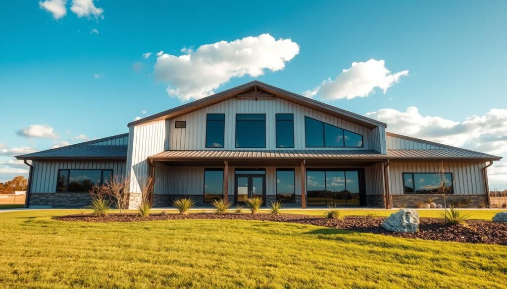 A modern metal building home designed as a barndominium, showcasing a sleek, industrial aesthetic with a large, open floor plan. In the foreground, a well-manicured lawn with landscaping, featuring native plants and decorative rocks. The middle ground captures the structure, highlighting corrugated metal walls with large windows that reflect natural light, creating a welcoming atmosphere. In the background, a clear blue sky, dotted with fluffy white clouds, enhances the outdoor space. The scene is bathed in warm afternoon sunlight, casting soft shadows. The composition is shot from a low angle to emphasize the height and structure of the home, while maintaining a panoramic view that suggests a spacious environment, evoking a sense of modern living and harmony with nature. A modern metal building home designed as a barndominium, showcasing a sleek, industrial aesthetic with a large, open floor plan. In the foreground, a well-manicured lawn with landscaping, featuring native plants and decorative rocks. The middle ground captures the structure, highlighting corrugated metal walls with large windows that reflect natural light, creating a welcoming atmosphere. In the background, a clear blue sky, dotted with fluffy white clouds, enhances the outdoor space. The scene is bathed in warm afternoon sunlight, casting soft shadows. The composition is shot from a low angle to emphasize the height and structure of the home, while maintaining a panoramic view that suggests a spacious environment, evoking a sense of modern living and harmony with nature.