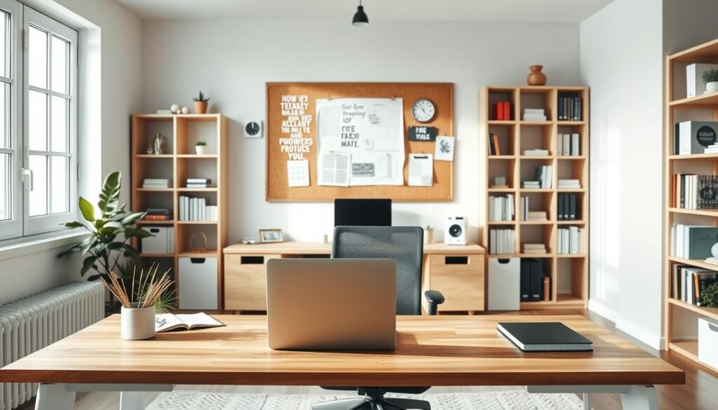 A modern, minimalist desk setup for productivity in a well-lit home office. The foreground features a sleek wooden desk with an ergonomic chair, a modern laptop, and neatly organized stationery, including a planner and a plant for a touch of greenery. The middle showcases an open window allowing natural light to flood in, illuminating the workspace. A corkboard filled with inspirational quotes and reminders hangs on the wall behind the desk. In the background, a soft, neutral color palette creates a calming atmosphere, complemented by soft-focus bookshelves filled with neatly arranged books and decorative items. The overall mood is focused and inviting, providing an ideal workspace for enhanced creativity and concentration. Lighting highlights the desk area, ensuring clarity and vibrancy in a photorealistic style. A modern, minimalist desk setup for productivity in a well-lit home office. The foreground features a sleek wooden desk with an ergonomic chair, a modern laptop, and neatly organized stationery, including a planner and a plant for a touch of greenery. The middle showcases an open window allowing natural light to flood in, illuminating the workspace. A corkboard filled with inspirational quotes and reminders hangs on the wall behind the desk. In the background, a soft, neutral color palette creates a calming atmosphere, complemented by soft-focus bookshelves filled with neatly arranged books and decorative items. The overall mood is focused and inviting, providing an ideal workspace for enhanced creativity and concentration. Lighting highlights the desk area, ensuring clarity and vibrancy in a photorealistic style.