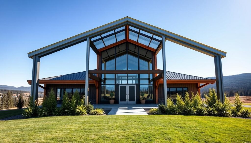 A modern steel frame home, showcasing an innovative barndominium design, set against a clear blue sky. In the foreground, the sleek, angular lines of the steel structure gleam in the sunlight, emphasizing its contemporary aesthetic. The middle ground features the home’s welcoming entrance, with large windows flanking a striking steel door. Lush greenery surrounds the home, providing a natural contrast to the industrial materials. In the background, rolling hills and a distant forest create a tranquil landscape. The scene is illuminated with soft, natural sunlight, enhancing the polished steel and wooden accents. Captured with a wide-angle lens to encompass both the impressive framing and the serene environment, the mood is one of modern elegance and sturdy design, inviting viewers to consider the benefits of steel framing. A modern steel frame home, showcasing an innovative barndominium design, set against a clear blue sky. In the foreground, the sleek, angular lines of the steel structure gleam in the sunlight, emphasizing its contemporary aesthetic. The middle ground features the home’s welcoming entrance, with large windows flanking a striking steel door. Lush greenery surrounds the home, providing a natural contrast to the industrial materials. In the background, rolling hills and a distant forest create a tranquil landscape. The scene is illuminated with soft, natural sunlight, enhancing the polished steel and wooden accents. Captured with a wide-angle lens to encompass both the impressive framing and the serene environment, the mood is one of modern elegance and sturdy design, inviting viewers to consider the benefits of steel framing.