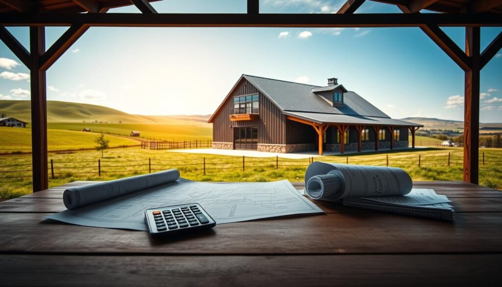 A picturesque barndominium set against a serene rural backdrop, showcasing various cost factors in a visual format. In the foreground, a detailed wooden table displays architectural blueprints, a calculator, and budget spreadsheets. In the middle ground, a stylish and modern barndominium with rustic metal siding and large windows allows natural light to pour in, creating a warm and inviting atmosphere. In the background, rolling green hills and a clear blue sky enhance the idyllic setting. Soft, diffused lighting highlights the textures of the materials used, like wood and metal. The photograph should capture an inspiring mood, emphasizing the balance between lifestyle and budget in a harmonious living space. A picturesque barndominium set against a serene rural backdrop, showcasing various cost factors in a visual format. In the foreground, a detailed wooden table displays architectural blueprints, a calculator, and budget spreadsheets. In the middle ground, a stylish and modern barndominium with rustic metal siding and large windows allows natural light to pour in, creating a warm and inviting atmosphere. In the background, rolling green hills and a clear blue sky enhance the idyllic setting. Soft, diffused lighting highlights the textures of the materials used, like wood and metal. The photograph should capture an inspiring mood, emphasizing the balance between lifestyle and budget in a harmonious living space.