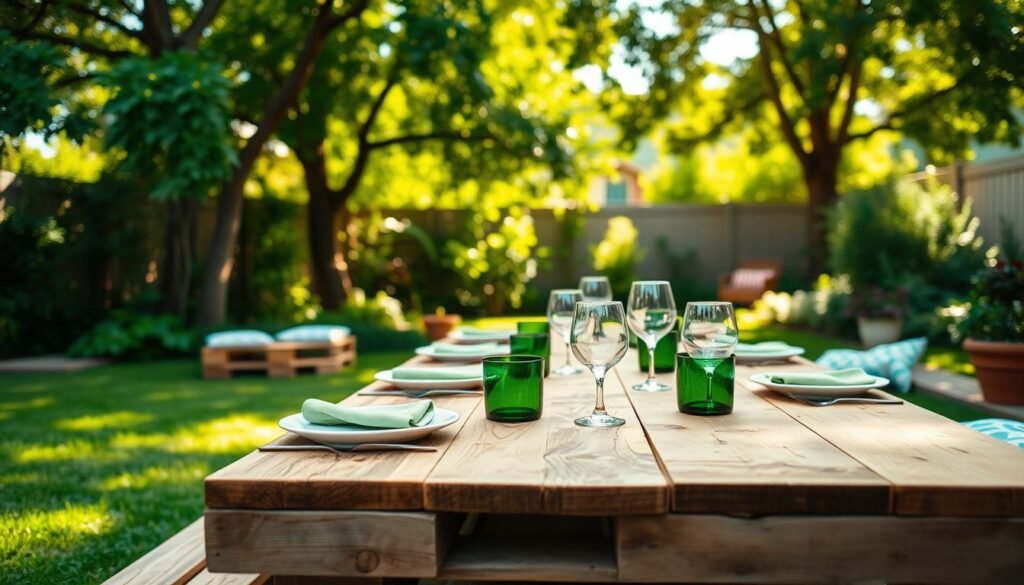 A rustic, handcrafted pallet dining table set in a vibrant backyard, surrounded by lush greenery. In the foreground, the table showcases a natural wood finish with visible knots and grains, adorned with simple, elegant table settings that include white plates, green napkins, and glassware. The middle layer features comfortable, modest casual seating options, such as pallet benches with colorful cushions, inviting for gatherings. In the background, soft sunlight filters through leafy trees, casting gentle shadows and creating a warm, inviting atmosphere. The scene is framed with a slight depth of field, focusing on the table while softly blurring the background, evoking a sense of relaxed outdoor dining. A rustic, handcrafted pallet dining table set in a vibrant backyard, surrounded by lush greenery. In the foreground, the table showcases a natural wood finish with visible knots and grains, adorned with simple, elegant table settings that include white plates, green napkins, and glassware. The middle layer features comfortable, modest casual seating options, such as pallet benches with colorful cushions, inviting for gatherings. In the background, soft sunlight filters through leafy trees, casting gentle shadows and creating a warm, inviting atmosphere. The scene is framed with a slight depth of field, focusing on the table while softly blurring the background, evoking a sense of relaxed outdoor dining.