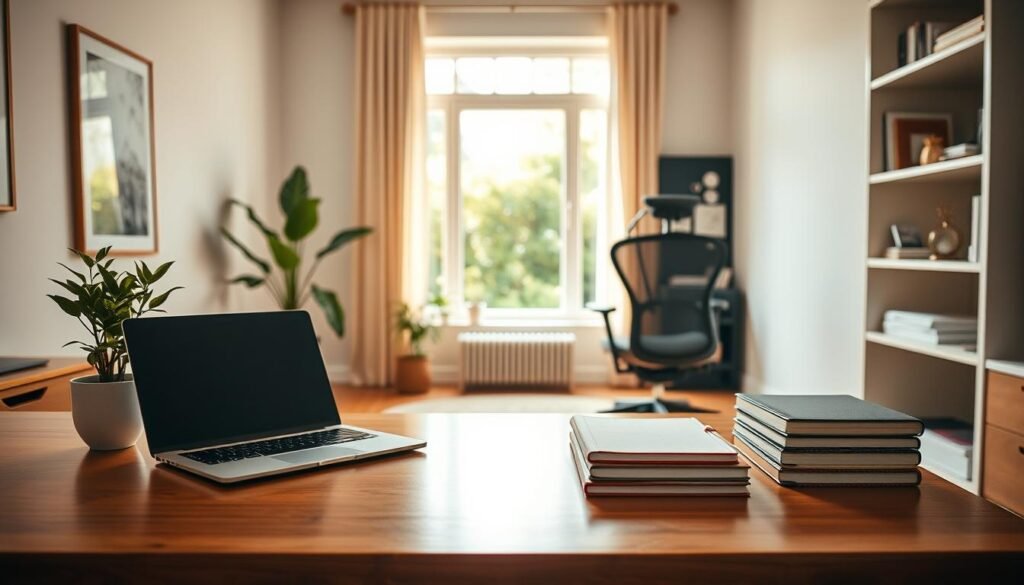 A serene, organized home office environment showcasing a decluttered workspace. In the foreground, a polished wooden desk with minimal items: a sleek laptop, a small potted plant, and a neatly stacked set of organized notebooks. The middle ground features a light-filled window offering a view of a lush garden, complemented by a comfortable ergonomic chair and a cozy rug beneath. In the background, shelves display a few carefully curated books and decorative items, all in soft, neutral colors. The lighting is warm and natural, illuminating the space, creating an inviting and calm atmosphere that encourages productivity and focus. The overall mood is tranquil and organized, reflecting a successful declutter. A serene, organized home office environment showcasing a decluttered workspace. In the foreground, a polished wooden desk with minimal items: a sleek laptop, a small potted plant, and a neatly stacked set of organized notebooks. The middle ground features a light-filled window offering a view of a lush garden, complemented by a comfortable ergonomic chair and a cozy rug beneath. In the background, shelves display a few carefully curated books and decorative items, all in soft, neutral colors. The lighting is warm and natural, illuminating the space, creating an inviting and calm atmosphere that encourages productivity and focus. The overall mood is tranquil and organized, reflecting a successful declutter.