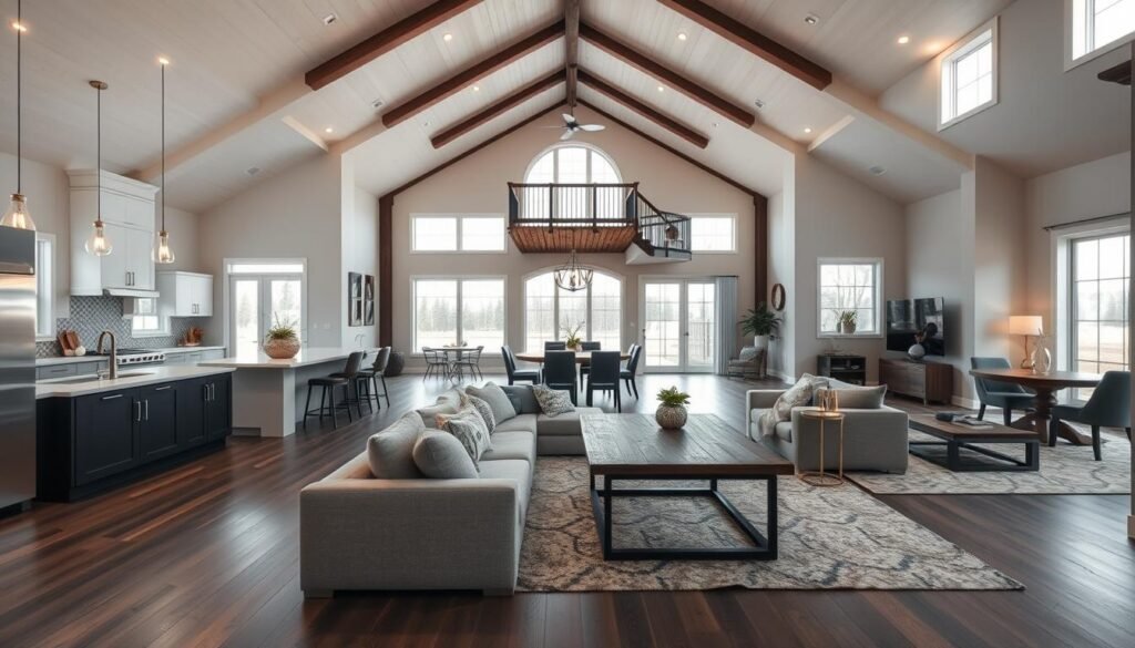 A spacious barndominium house layout designed for open concept living, featuring a bright and airy interior. In the foreground, a modern kitchen with a large island, sleek cabinetry, and stainless steel appliances flows into a comfortable living room with plush sofas and a stylish coffee table. In the middle, large windows allow natural light to flood in, showcasing an inviting dining area adorned with a rustic wooden table. The background includes tall ceilings with exposed beams, and an open loft that overlooks the living space. The environment is warm and welcoming, with soft, ambient lighting. The angle captures a wide view of the entire layout, highlighting the seamless transition between spaces while maintaining a photorealistic quality. The overall mood is contemporary yet homey, ideal for family gatherings and entertaining. A spacious barndominium house layout designed for open concept living, featuring a bright and airy interior. In the foreground, a modern kitchen with a large island, sleek cabinetry, and stainless steel appliances flows into a comfortable living room with plush sofas and a stylish coffee table. In the middle, large windows allow natural light to flood in, showcasing an inviting dining area adorned with a rustic wooden table. The background includes tall ceilings with exposed beams, and an open loft that overlooks the living space. The environment is warm and welcoming, with soft, ambient lighting. The angle captures a wide view of the entire layout, highlighting the seamless transition between spaces while maintaining a photorealistic quality. The overall mood is contemporary yet homey, ideal for family gatherings and entertaining.