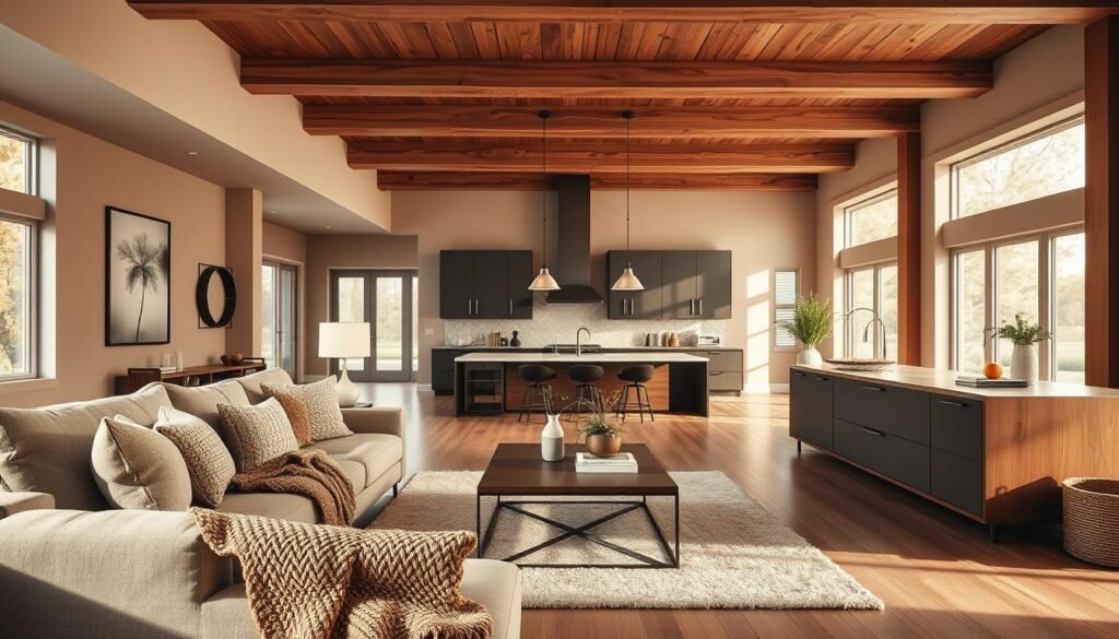 A spacious open concept living area showcasing modern interior finishes that evoke a cozy atmosphere. In the foreground, a plush, inviting sectional sofa adorned with textured throw pillows and a warm knitted blanket. In the middle, a stylish coffee table sits atop a soft area rug, surrounded by shelving displaying decorative books and greenery. The kitchen area features a large island with sleek cabinets, pendant lighting casting a gentle glow. The background reveals ample natural light flooding in through large windows, highlighting wooden beams on the ceiling and warm earth-toned walls. The scene is photographed from a slightly elevated angle, creating a sense of depth and inviting warmth, reminiscent of a dream home retreat, all in photorealistic detail. A spacious open concept living area showcasing modern interior finishes that evoke a cozy atmosphere. In the foreground, a plush, inviting sectional sofa adorned with textured throw pillows and a warm knitted blanket. In the middle, a stylish coffee table sits atop a soft area rug, surrounded by shelving displaying decorative books and greenery. The kitchen area features a large island with sleek cabinets, pendant lighting casting a gentle glow. The background reveals ample natural light flooding in through large windows, highlighting wooden beams on the ceiling and warm earth-toned walls. The scene is photographed from a slightly elevated angle, creating a sense of depth and inviting warmth, reminiscent of a dream home retreat, all in photorealistic detail.