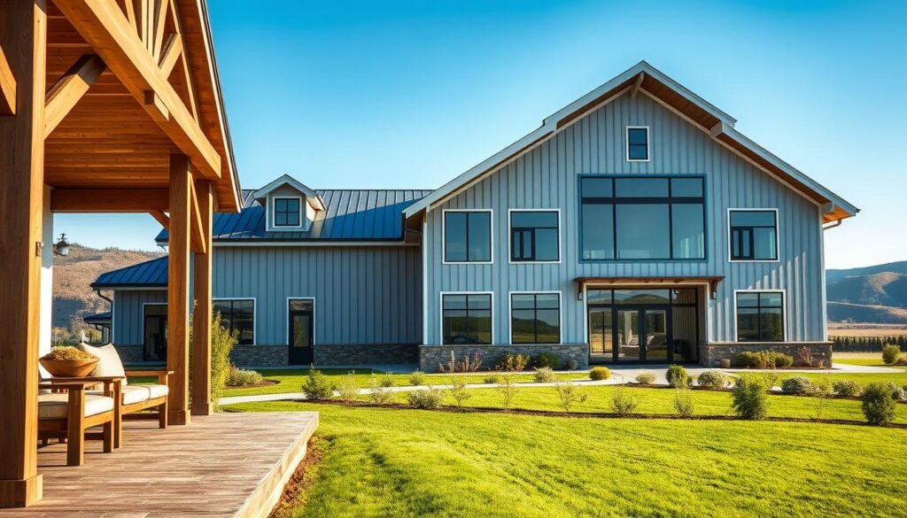 A stunning barndominium house exterior, blending modern farmhouse aesthetics with traditional barn elements. The foreground features a spacious wooden porch adorned with tasteful, rustic furniture. The middle ground showcases a large, open steel and wood structure with expansive windows, showcasing contemporary design lines while retaining a classic barn silhouette. The exterior is finished in a harmonious mix of soft gray siding and white accents, surrounded by lush green grass and flowering shrubs. In the background, rolling hills under a clear blue sky complement the serene atmosphere. The lighting is warm and inviting, casting soft shadows to enhance the textures of the materials. Captured from a low angle to emphasize the height and grandeur of the structure, this photorealistic image evokes a sense of dream home aspirations. A stunning barndominium house exterior, blending modern farmhouse aesthetics with traditional barn elements. The foreground features a spacious wooden porch adorned with tasteful, rustic furniture. The middle ground showcases a large, open steel and wood structure with expansive windows, showcasing contemporary design lines while retaining a classic barn silhouette. The exterior is finished in a harmonious mix of soft gray siding and white accents, surrounded by lush green grass and flowering shrubs. In the background, rolling hills under a clear blue sky complement the serene atmosphere. The lighting is warm and inviting, casting soft shadows to enhance the textures of the materials. Captured from a low angle to emphasize the height and grandeur of the structure, this photorealistic image evokes a sense of dream home aspirations.
