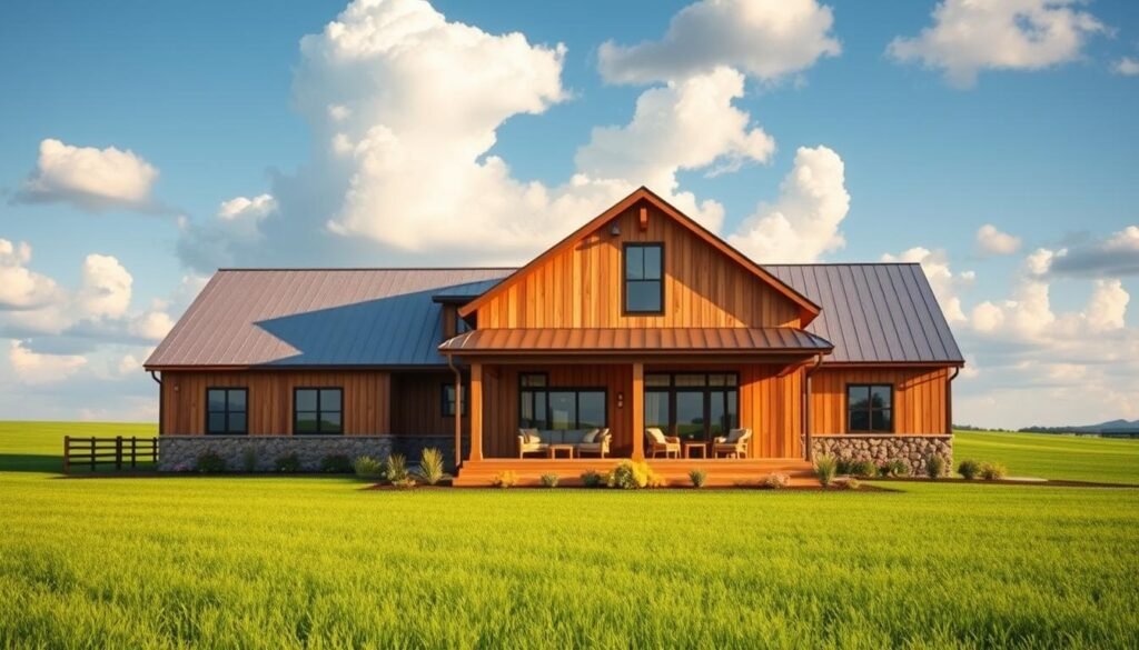 A stunning barndominium house set in a tranquil rural landscape, showcasing a blend of modern and rustic architecture. In the foreground, the house features large, energy-efficient windows and a welcoming front porch with comfortable seating. The middle ground showcases a well-maintained garden with colorful flowers and native plants, emphasizing affordability and sustainability. In the background, rolling green fields under a bright blue sky with fluffy white clouds reflect a peaceful living environment. Soft, warm lighting enhances the inviting atmosphere. The image is captured from a slightly elevated angle to provide a comprehensive view of the property, highlighting its spacious layout. The composition is photorealistic, conveying a sense of comfort and practicality that aligns with budget-friendly housing. A stunning barndominium house set in a tranquil rural landscape, showcasing a blend of modern and rustic architecture. In the foreground, the house features large, energy-efficient windows and a welcoming front porch with comfortable seating. The middle ground showcases a well-maintained garden with colorful flowers and native plants, emphasizing affordability and sustainability. In the background, rolling green fields under a bright blue sky with fluffy white clouds reflect a peaceful living environment. Soft, warm lighting enhances the inviting atmosphere. The image is captured from a slightly elevated angle to provide a comprehensive view of the property, highlighting its spacious layout. The composition is photorealistic, conveying a sense of comfort and practicality that aligns with budget-friendly housing.