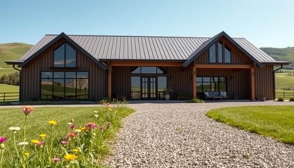 A stunning exterior view of a modern barndominium house in a serene rural setting, showcasing its sleek metal roof and large windows reflecting the sunlight. In the foreground, a well-manicured lawn with vibrant wildflowers and a gravel pathway leading to the front entry. The middle ground features the barndominium itself, designed with a blend of rustic charm and contemporary elegance, featuring wooden accents and an open porch with cozy seating. In the background, rolling green hills and a clear blue sky enhance the tranquil atmosphere. Soft, natural lighting highlights the textures of the building materials, creating a warm, inviting mood. The perspective is slightly angled, emphasizing the unique architectural features while maintaining a photorealistic quality. A stunning exterior view of a modern barndominium house in a serene rural setting, showcasing its sleek metal roof and large windows reflecting the sunlight. In the foreground, a well-manicured lawn with vibrant wildflowers and a gravel pathway leading to the front entry. The middle ground features the barndominium itself, designed with a blend of rustic charm and contemporary elegance, featuring wooden accents and an open porch with cozy seating. In the background, rolling green hills and a clear blue sky enhance the tranquil atmosphere. Soft, natural lighting highlights the textures of the building materials, creating a warm, inviting mood. The perspective is slightly angled, emphasizing the unique architectural features while maintaining a photorealistic quality.