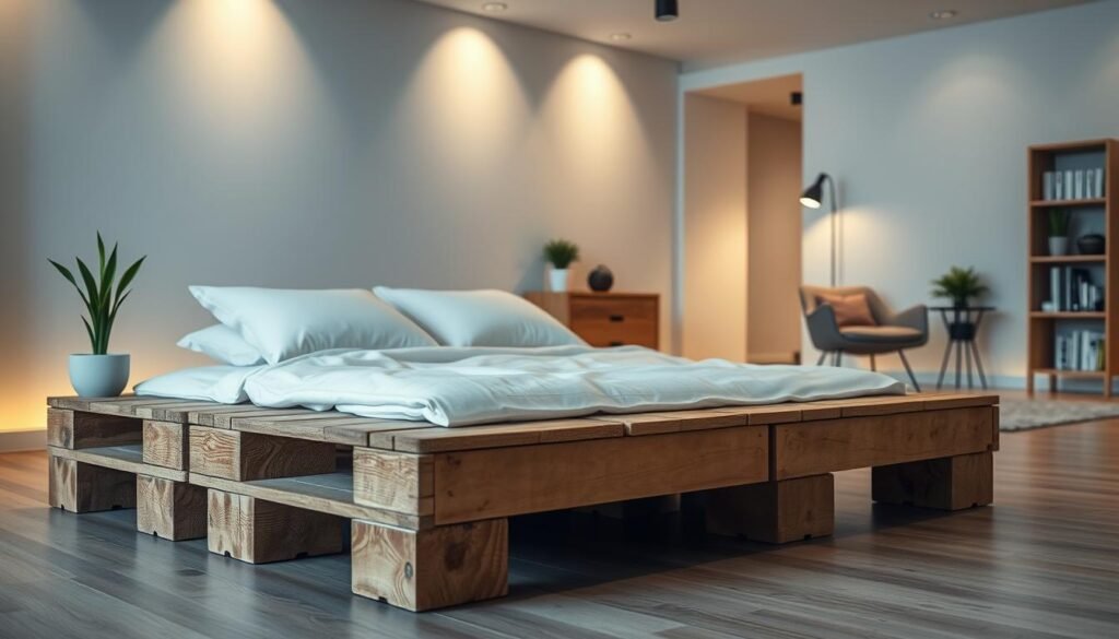 A stylish indoor pallet bed frame prominently in the foreground, featuring a low-profile design made of reclaimed wooden pallets, showcasing natural wood grains and a rustic finish. The bed is adorned with minimalistic white bedding and a few decorative pillows in muted colors. In the middle ground, an inviting modern bedroom with soft ambient lighting creates a serene atmosphere, highlighting neutral-toned walls and a minimalist decor. A wooden nightstand and a potted plant add warmth and life to the space. The background contains subtle hints of a cozy reading nook with a comfortable chair and a bookshelf. The image is illuminated with soft, diffused lighting to create a calm and relaxed mood. The angle captures the inviting nature of the space, focusing on comfort and style without distractions. A stylish indoor pallet bed frame prominently in the foreground, featuring a low-profile design made of reclaimed wooden pallets, showcasing natural wood grains and a rustic finish. The bed is adorned with minimalistic white bedding and a few decorative pillows in muted colors. In the middle ground, an inviting modern bedroom with soft ambient lighting creates a serene atmosphere, highlighting neutral-toned walls and a minimalist decor. A wooden nightstand and a potted plant add warmth and life to the space. The background contains subtle hints of a cozy reading nook with a comfortable chair and a bookshelf. The image is illuminated with soft, diffused lighting to create a calm and relaxed mood. The angle captures the inviting nature of the space, focusing on comfort and style without distractions.