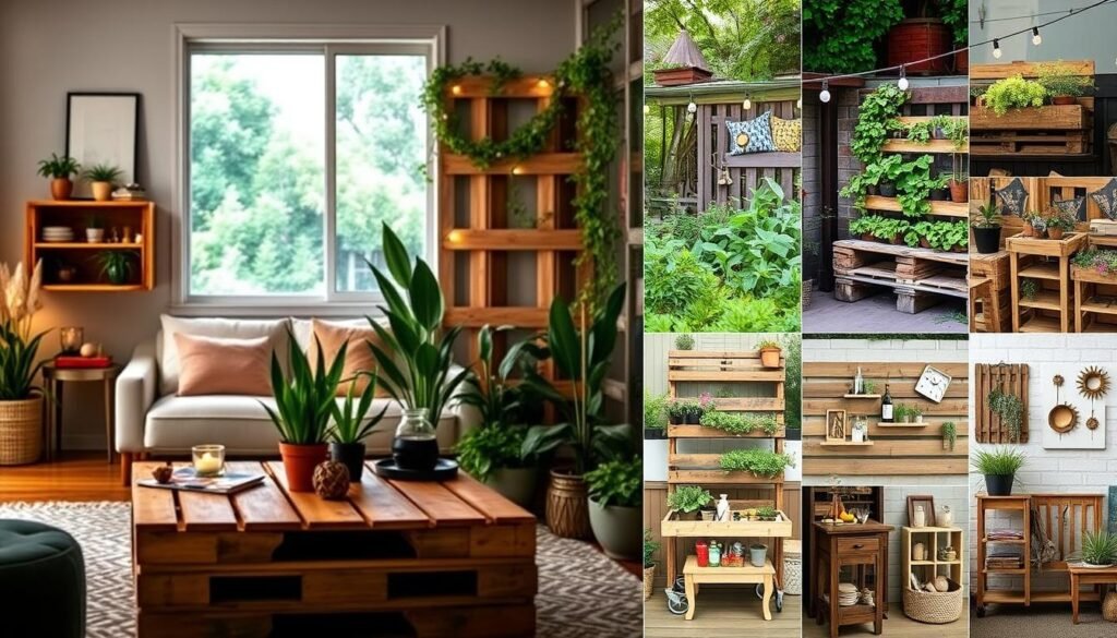 A vibrant and inspiring collage of 17 innovative pallet ideas for both indoor and outdoor settings. In the foreground, showcase a beautifully decorated living room with pallet furniture such as a rustic coffee table and a creative pallet shelf adorned with plants. Transition to a cozy outdoor space featuring a pallet bench surrounded by a lush garden, string lights overhead for a warm ambiance. In between, display various pallet projects like vertical gardens, bar carts, and decorative wall art. The scene is illuminated by soft, natural light with a slight bokeh effect, emphasizing the textures of the wood and the greenery. The mood is inviting and creative, perfect for inspiring home improvement enthusiasts. A vibrant and inspiring collage of 17 innovative pallet ideas for both indoor and outdoor settings. In the foreground, showcase a beautifully decorated living room with pallet furniture such as a rustic coffee table and a creative pallet shelf adorned with plants. Transition to a cozy outdoor space featuring a pallet bench surrounded by a lush garden, string lights overhead for a warm ambiance. In between, display various pallet projects like vertical gardens, bar carts, and decorative wall art. The scene is illuminated by soft, natural light with a slight bokeh effect, emphasizing the textures of the wood and the greenery. The mood is inviting and creative, perfect for inspiring home improvement enthusiasts.