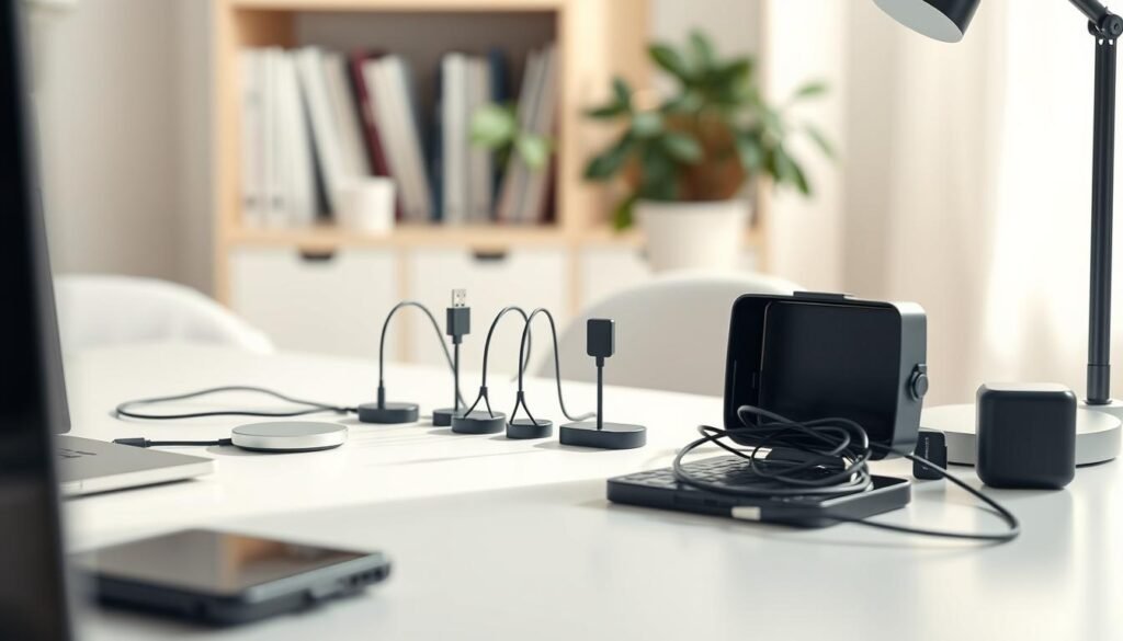 A well-organized home office desk featuring innovative cable management solutions. In the foreground, showcase neatly arranged tech accessories like a laptop, a wireless charger, and a stylish desk lamp, all with minimal visible cables. In the middle, highlight a series of cable organizers, such as cable clips and a cable box, effectively concealing tangled wires while maintaining a clean aesthetic. The background should include a soft-focus bookcase with neatly organized books and a plant for a calming effect. Use soft, natural lighting to create a bright, inviting atmosphere, emphasizing the cleanliness of the workspace. Capture the scene from a slightly elevated angle, giving a comprehensive view of the desk setup and its organized arrangement. The overall mood should feel serene and productive. A well-organized home office desk featuring innovative cable management solutions. In the foreground, showcase neatly arranged tech accessories like a laptop, a wireless charger, and a stylish desk lamp, all with minimal visible cables. In the middle, highlight a series of cable organizers, such as cable clips and a cable box, effectively concealing tangled wires while maintaining a clean aesthetic. The background should include a soft-focus bookcase with neatly organized books and a plant for a calming effect. Use soft, natural lighting to create a bright, inviting atmosphere, emphasizing the cleanliness of the workspace. Capture the scene from a slightly elevated angle, giving a comprehensive view of the desk setup and its organized arrangement. The overall mood should feel serene and productive.
